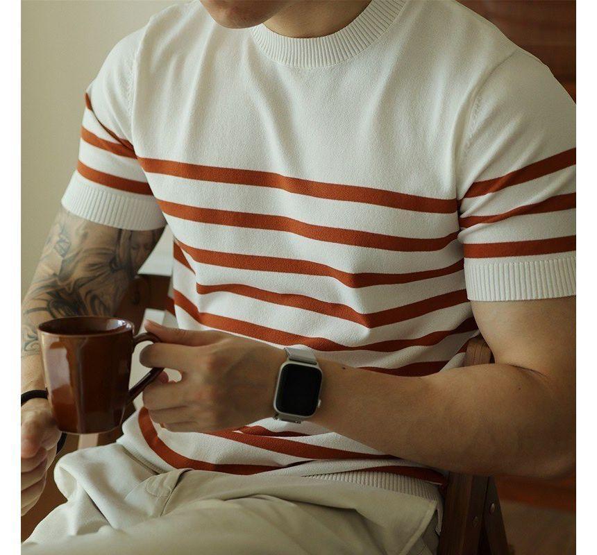 Short-Sleeve Crew Neck Striped Knit Top Product Image