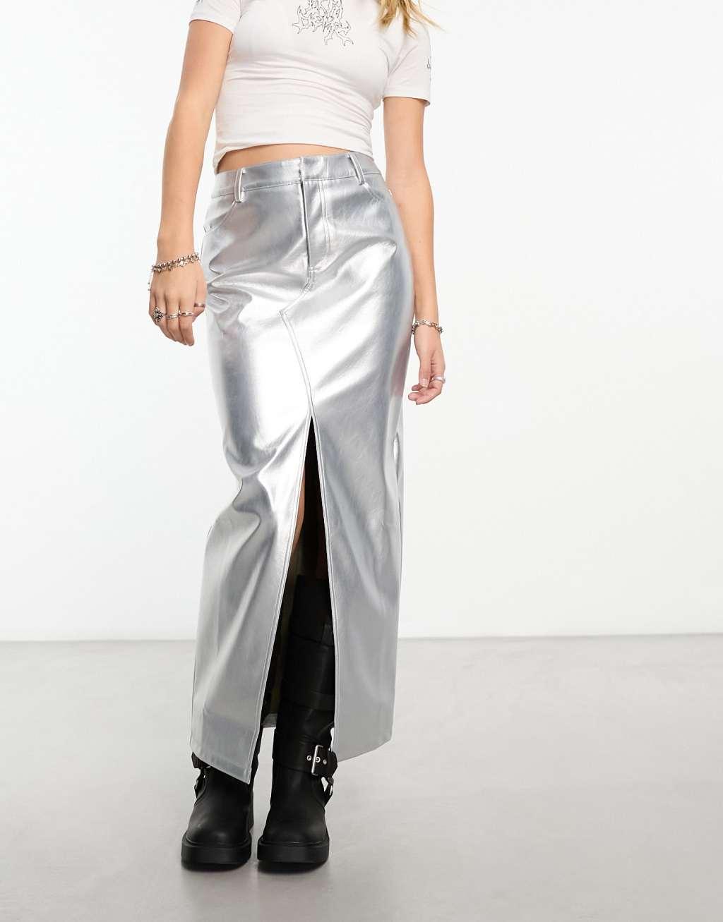 ASOS DESIGN faux leather maxi skirt with front split in silver metallic Product Image