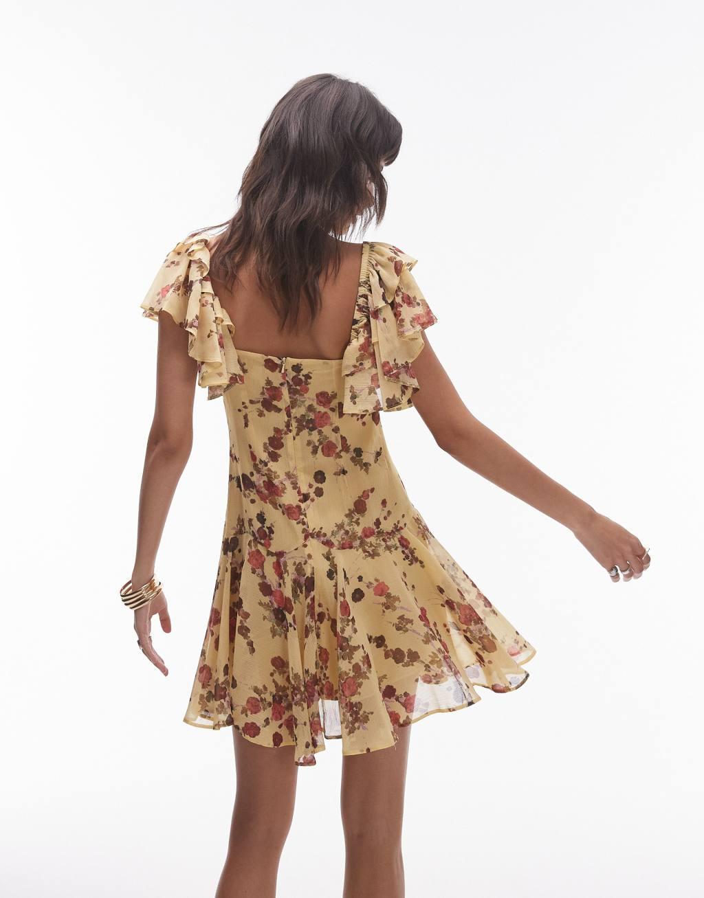 Topshop ruffle mini tea dress in yellow and pink ditsy floral print Product Image