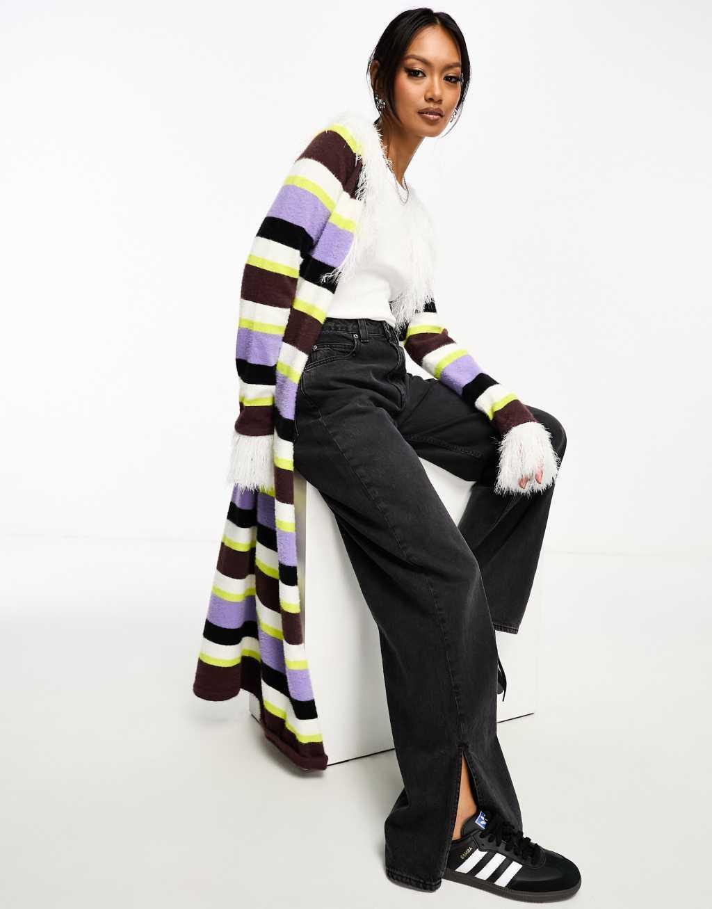 Annorlunda faux fur edged stripe longline cardigan in multi Product Image