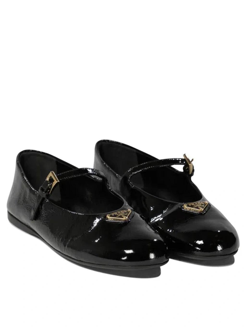 PRADA Leather Ballerina Shoes In Black Product Image