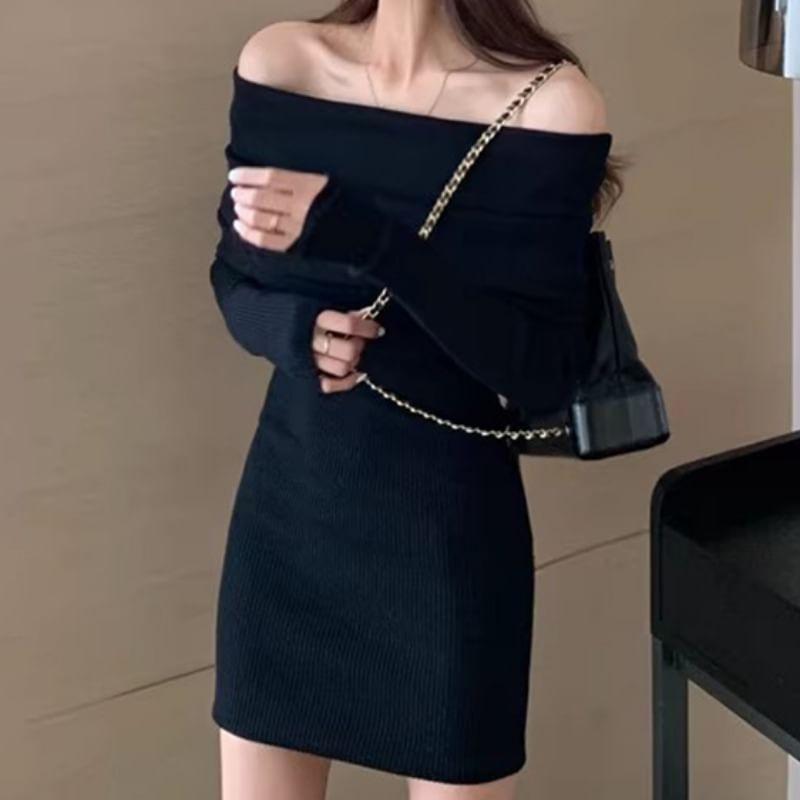 Long Sleeve Off Shoulder Plain Knit Mini Sheath Dress Product Image