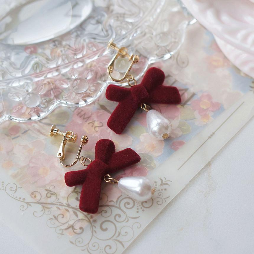 Bow Faux Pearl Drop Hook Earring / Clip-On Earring Product Image