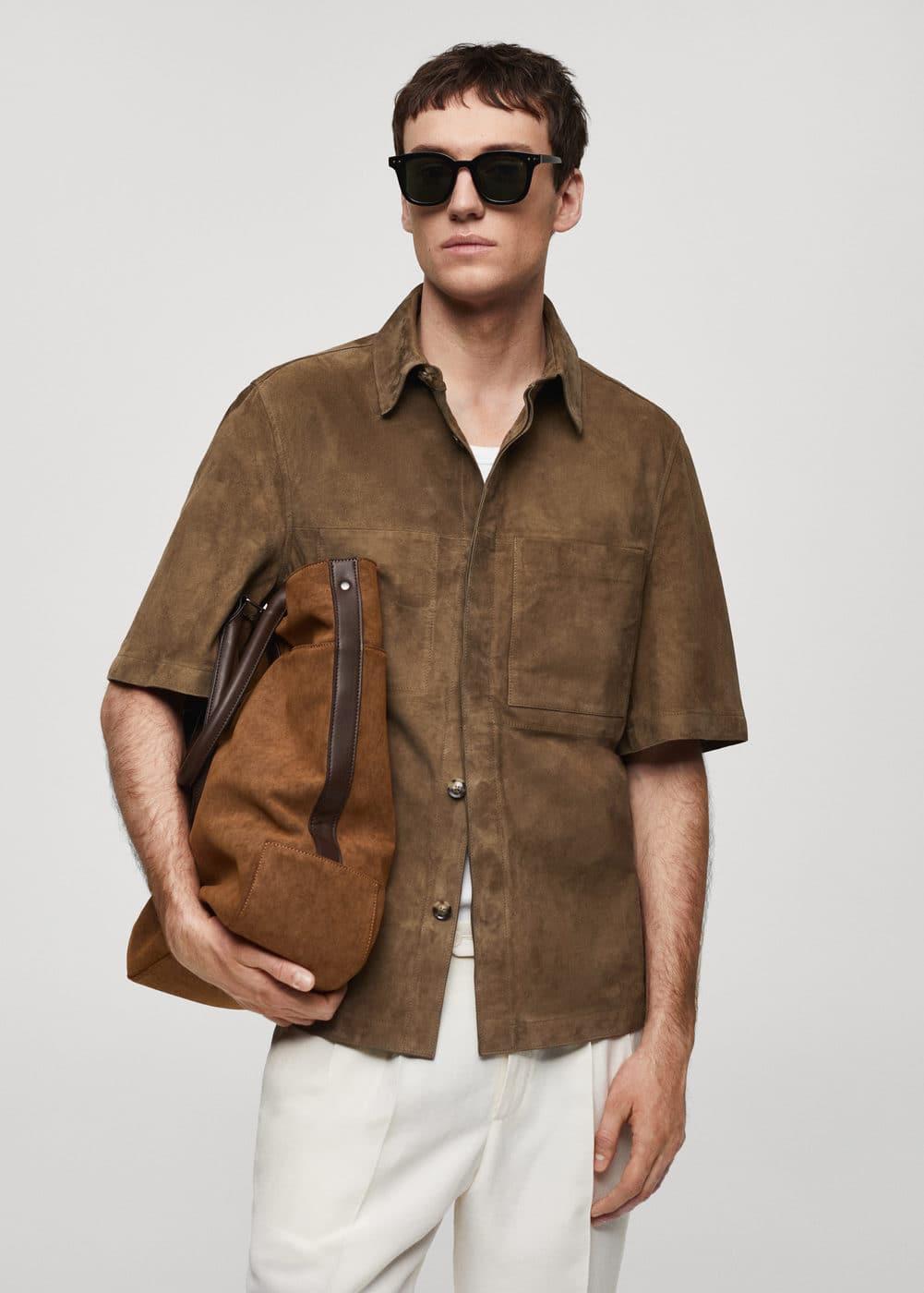 MANGO MAN - Overshirt with 100% suede leather pocket brownMen Product Image