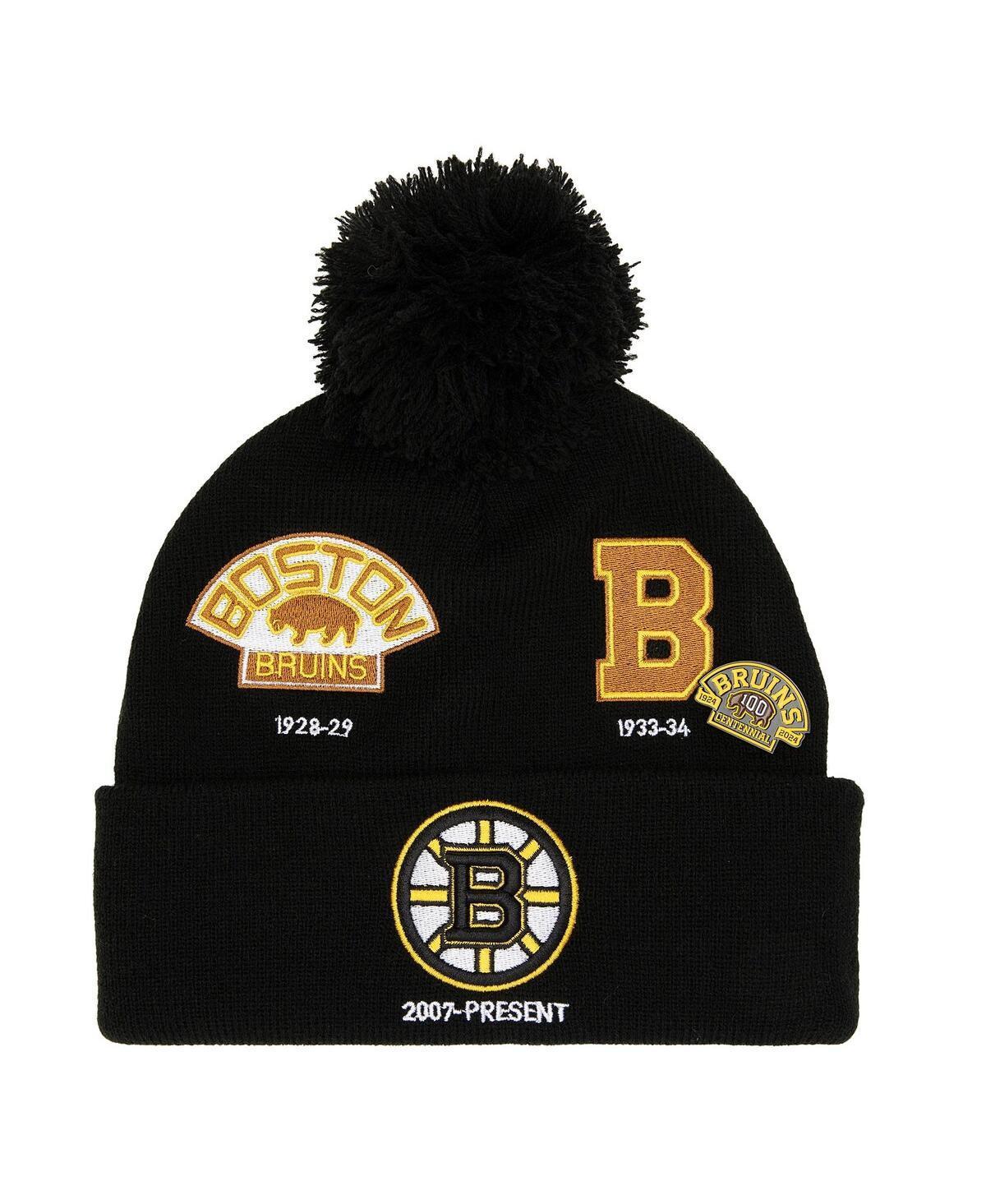 Mens Mitchell & Ness Black/ Boston Bruins 100th Anniversary Collection Timeline Cuffed Knit Hatwith Pom Product Image