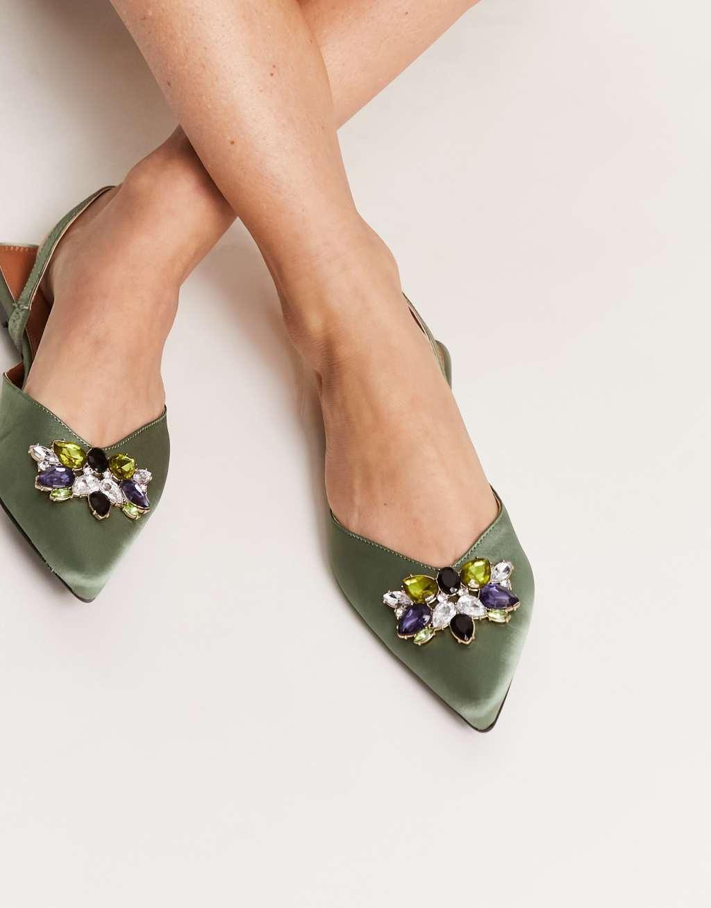 ASOS DESIGN Lyrical embellished slingback ballet flat in green Product Image