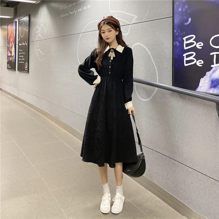 Long-Sleeve Plain Midi A-Line Shirt Dress Product Image