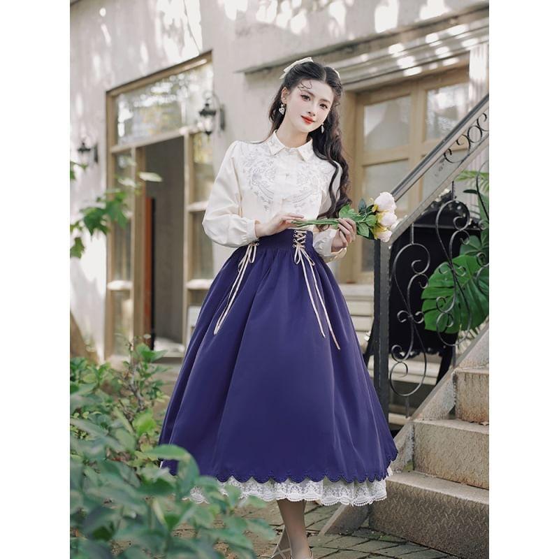 Traditional Chinese Long-Sleeve Shirt / High Waist Maxi Skirt / Set Product Image