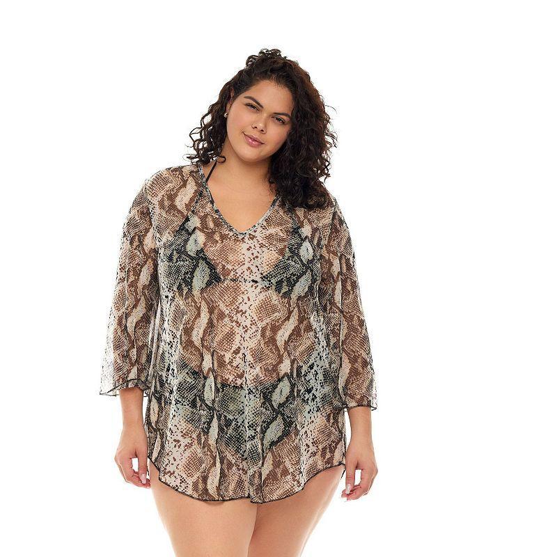 Plus Size Jordan Taylor Animal Print Bell-Sleeve Swim Cover-Up Tunic, Womens Snake Product Image