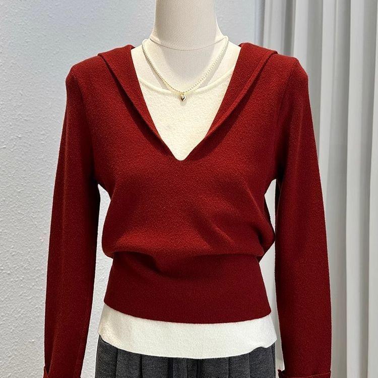 V-Neck Two Tone Mock Two-Piece Sweater Product Image