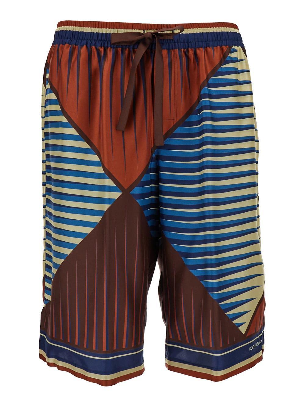 Bermuda Shorts With Multicolor Geometric Print In Silk Man In Brown Product Image