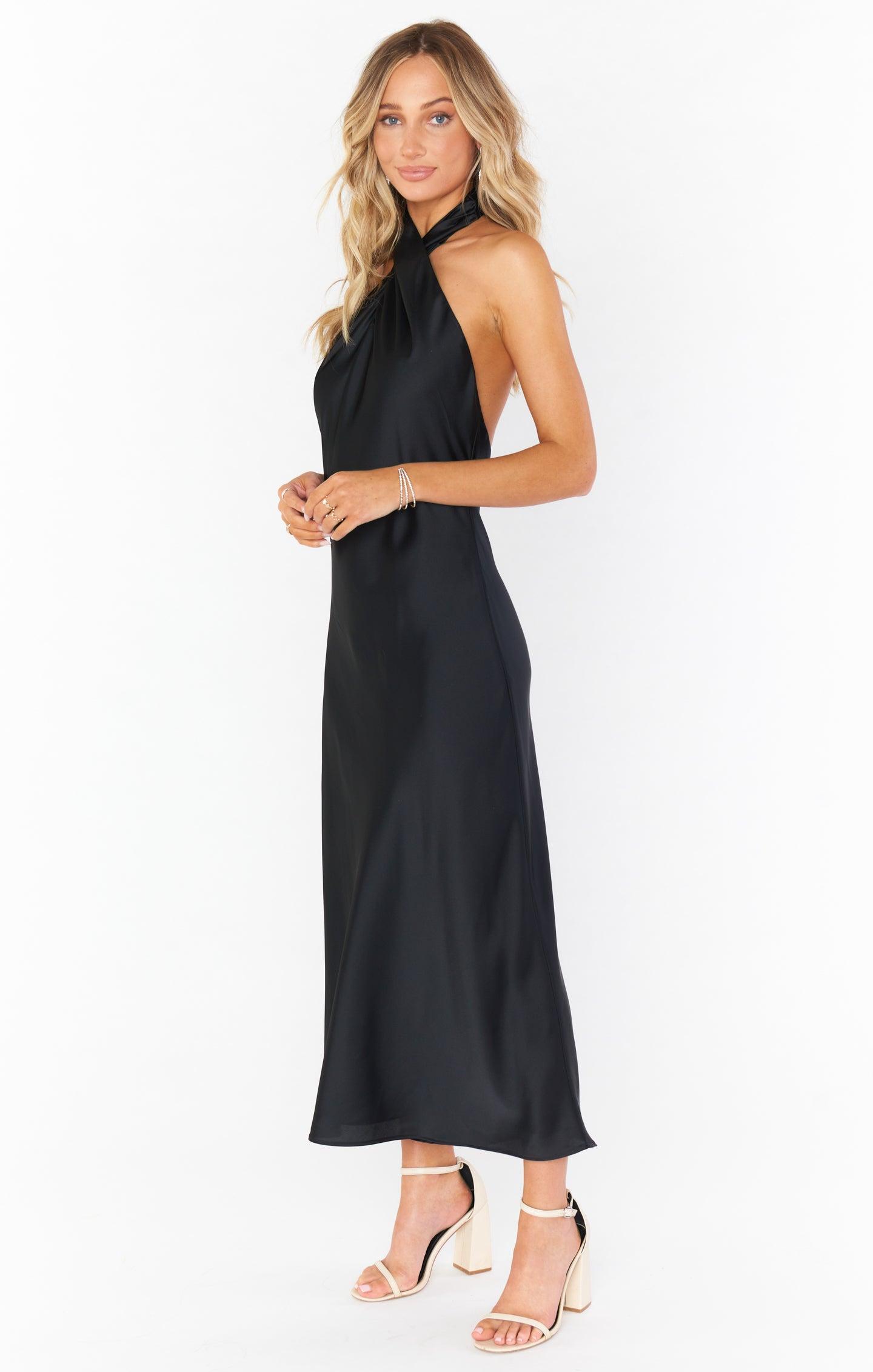 Jasmine Halter Midi Dress ~ Black Luxe Satin Product Image