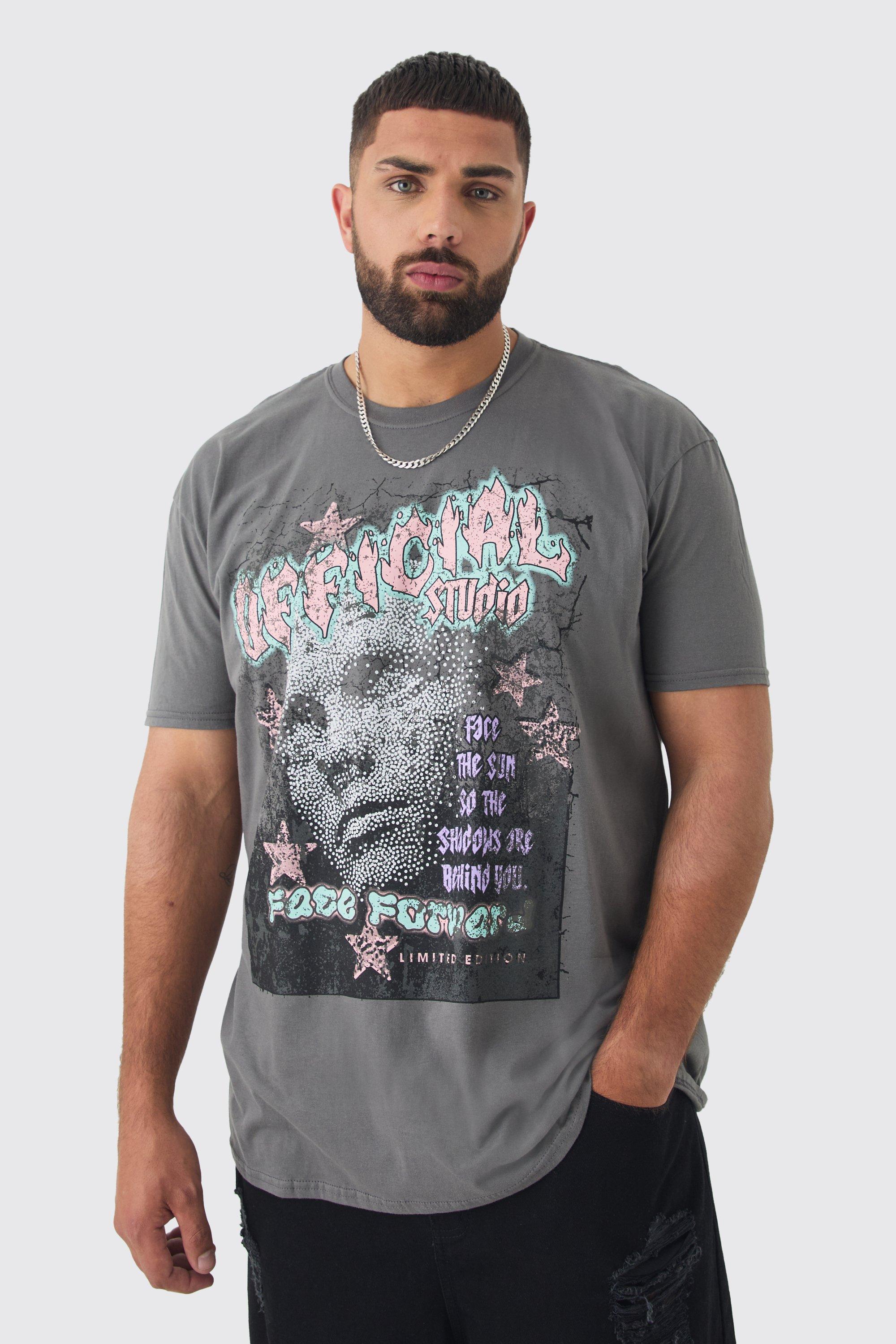 Mens Grey Plus Oversized Overdyed Official Face Graphic T-shirt, Grey Product Image