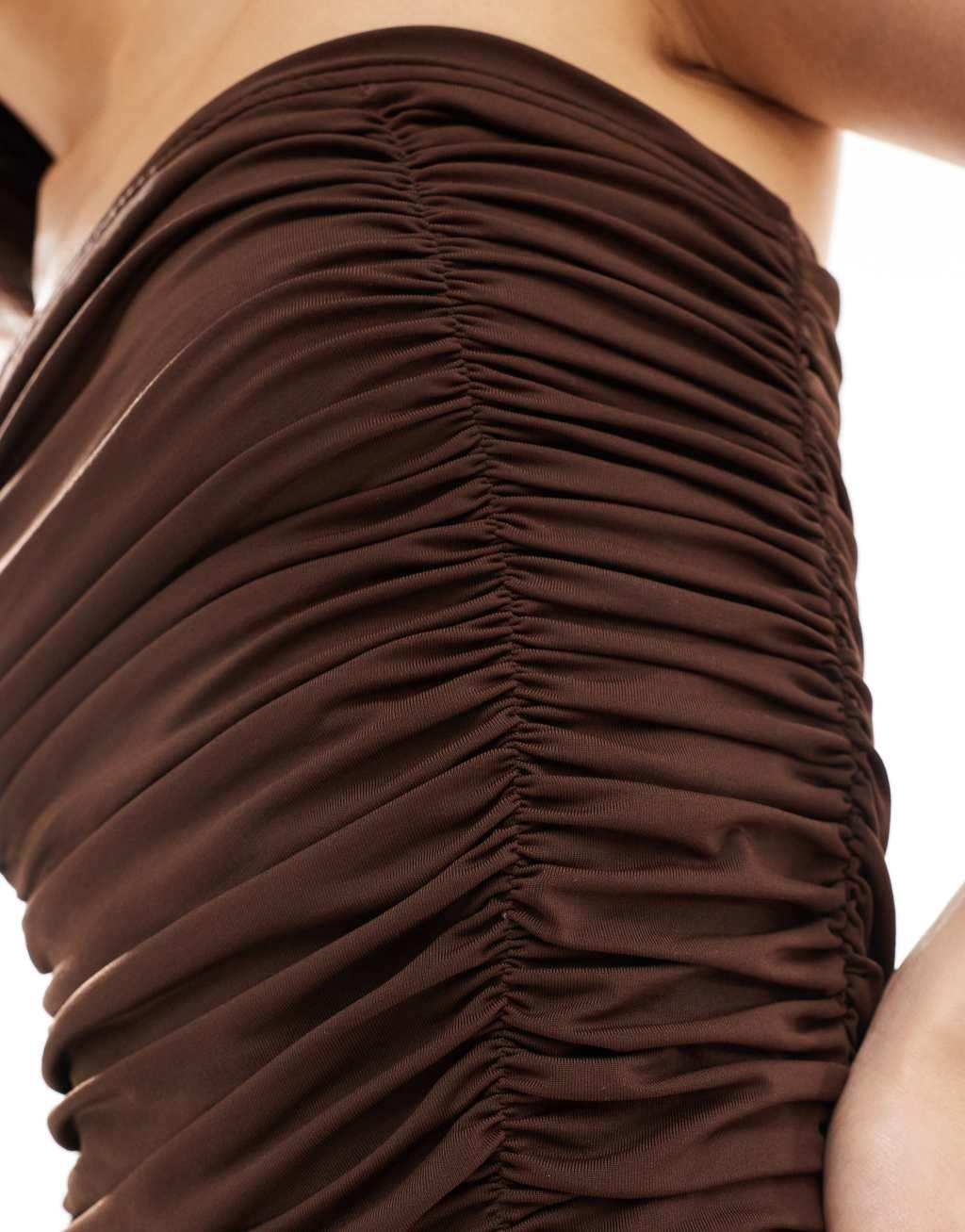 ASOS DESIGN sculpting jersey ruched bust bandeau midi dress in chocolate Product Image