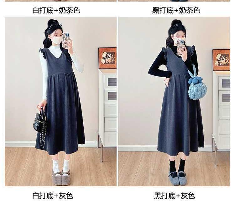 Maternity V-Neck Ruffle Trim Midi A-Line Pinafore Dress Product Image