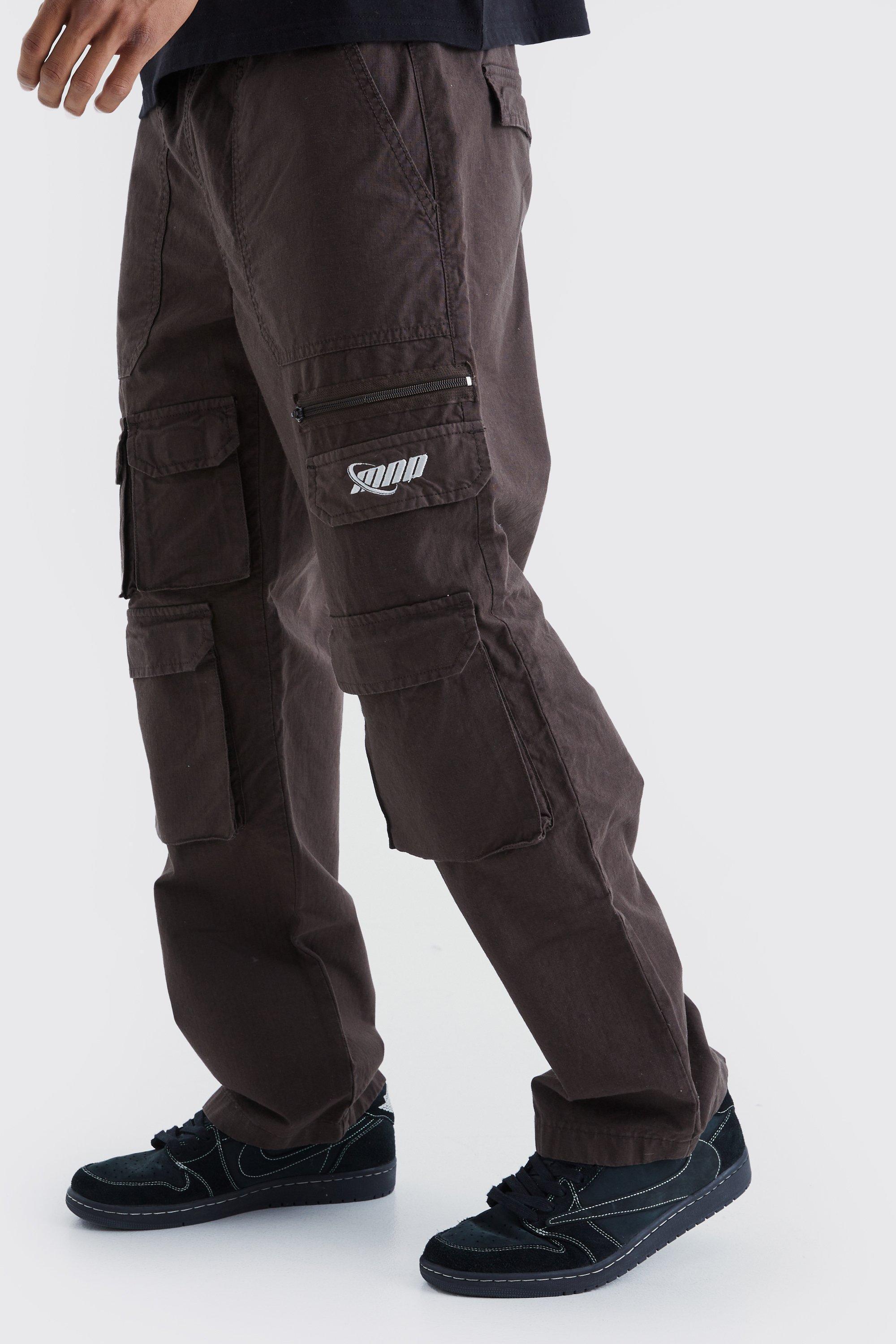 Mens Brown Relaxed Multi Cargo Ripstop Trouser With Tonal Embroidery, Brown Product Image