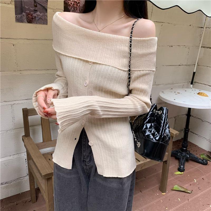 Off-Shoulder Plain Ribbed Sweater Product Image