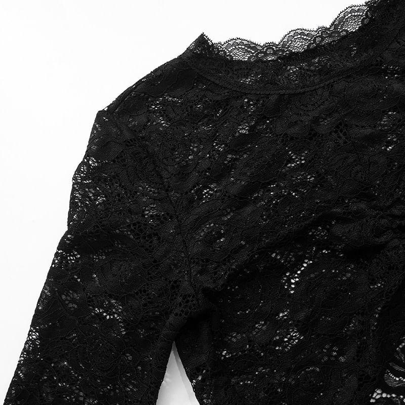 Flared-Sleeve Crew Neck Floral Lace Crop Top Product Image