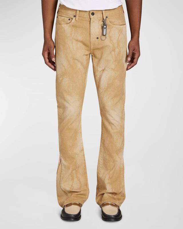 Mens Crinkle-Effect Khaki Denim Flare Jeans Product Image