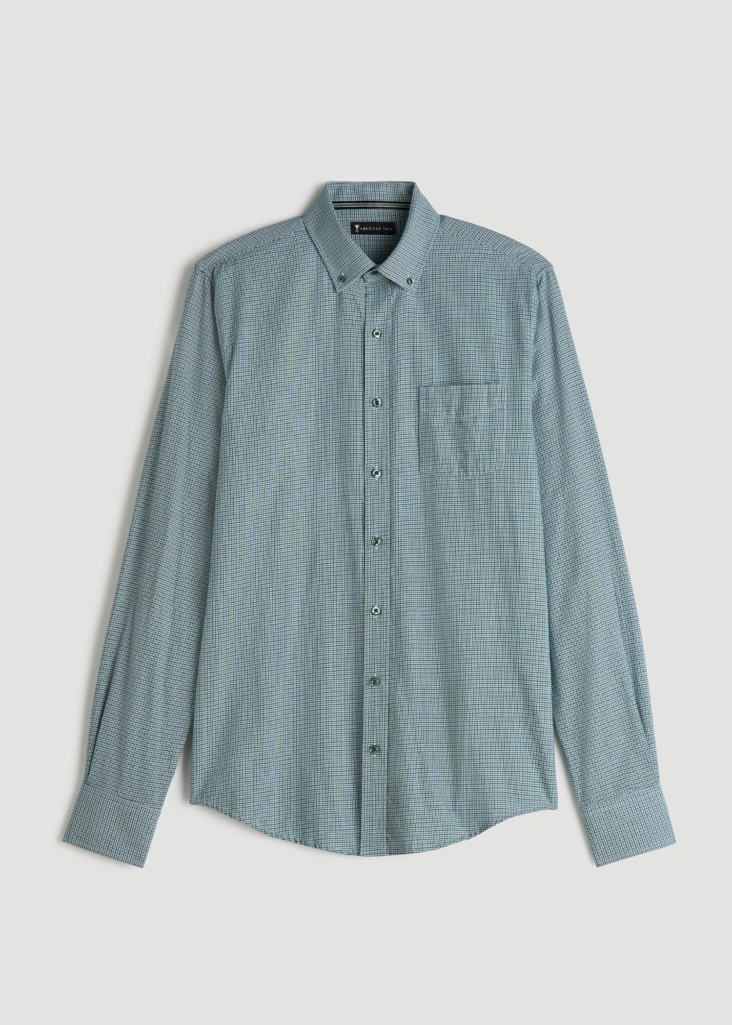 Soft-Wash Button-Up Shirt for Tall Men in Green and Navy Houndstooth Product Image