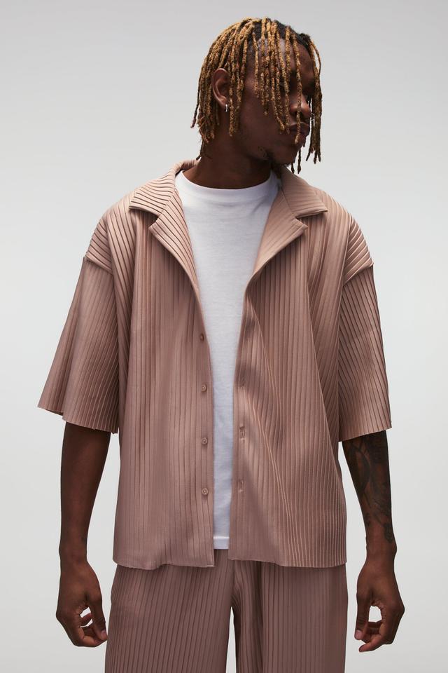 Mens Beige Tall Oversized Boxy Revere Pleated Shirt, Beige Product Image