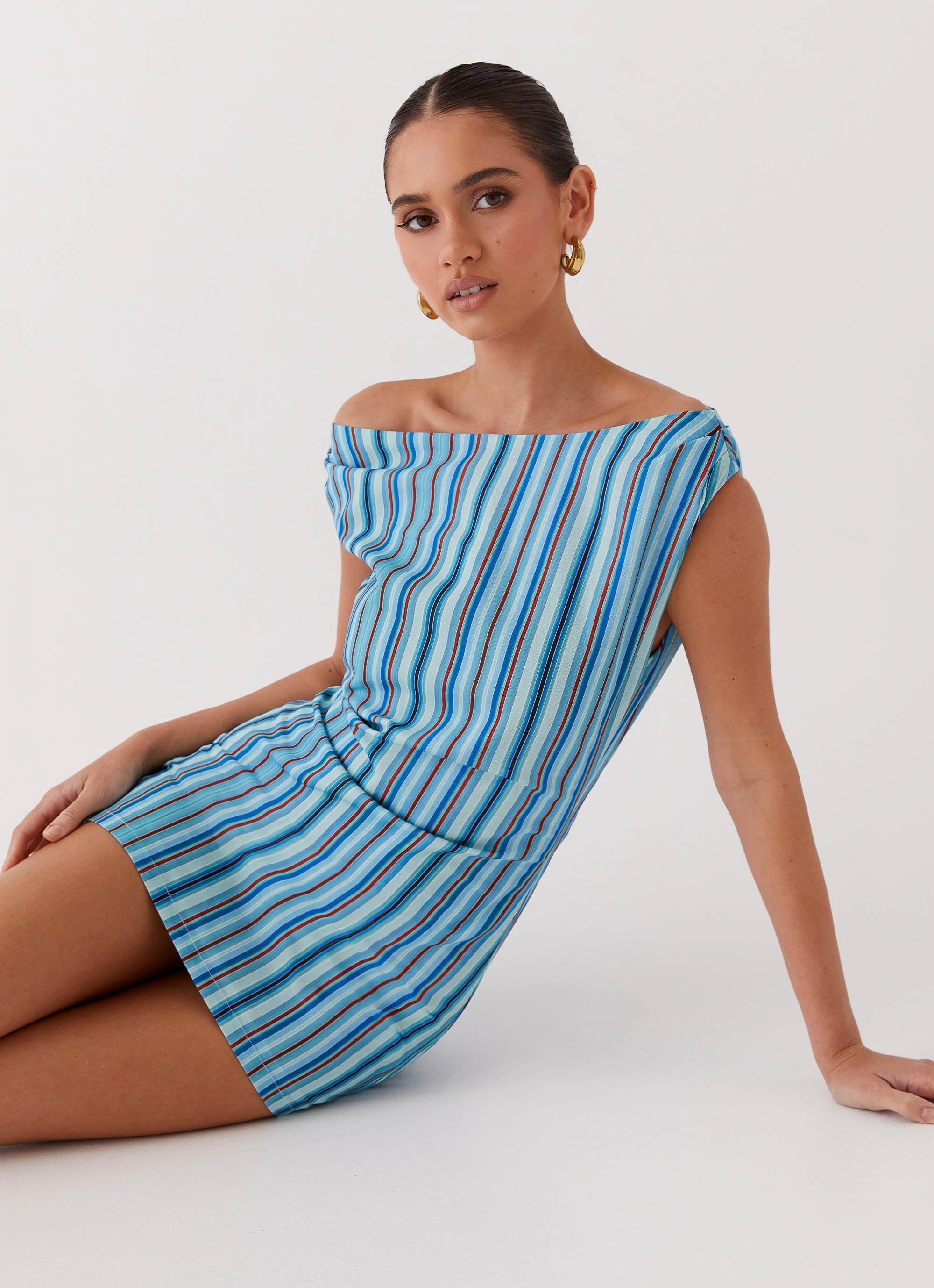 Saona Off Shoulder Mini Dress - Blue Stripe Product Image