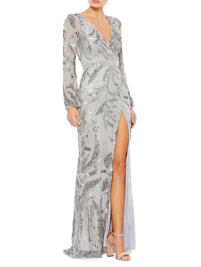 Womens Sequin Wrap Long Sleeve Gown Product Image