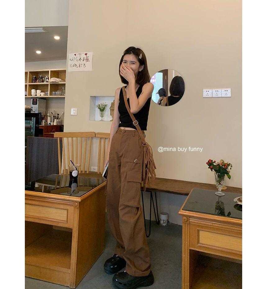 Mid Rise Plain Loose Fit Cargo Jeans Product Image