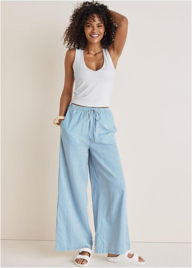 Cotton Linen Wide Leg Pants - Blue Whisper Stripe Product Image