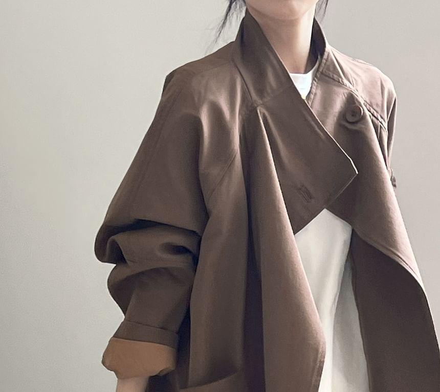 Stand Collar Plain Midi Single-Button Trench Coat Product Image