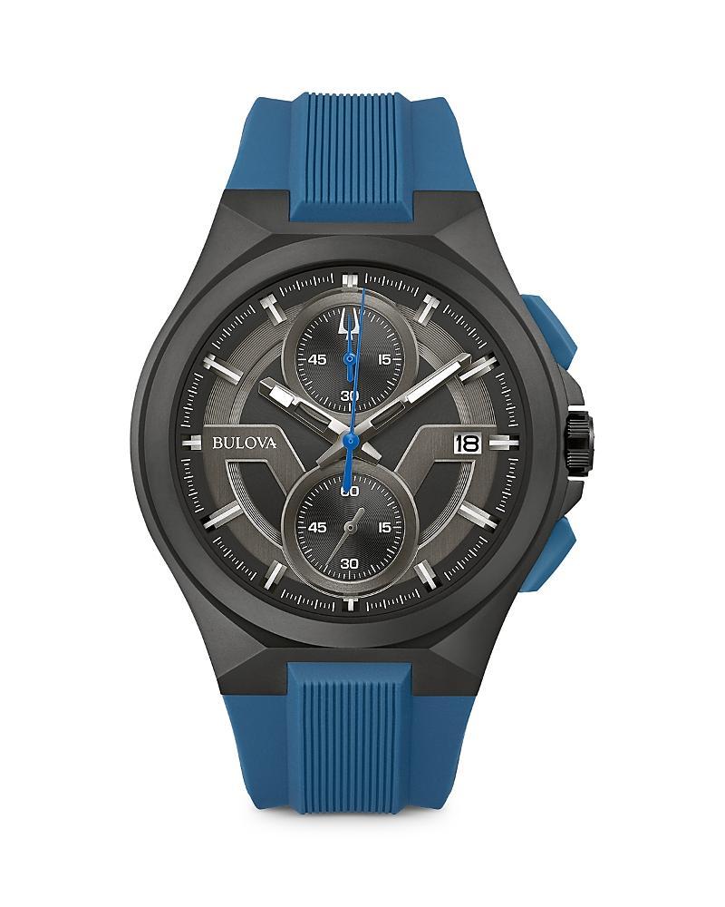 Men's Bulova Maquina Black IP Chronograph Blue Strap Watch with Black Dial (Model: 98B380) Product Image