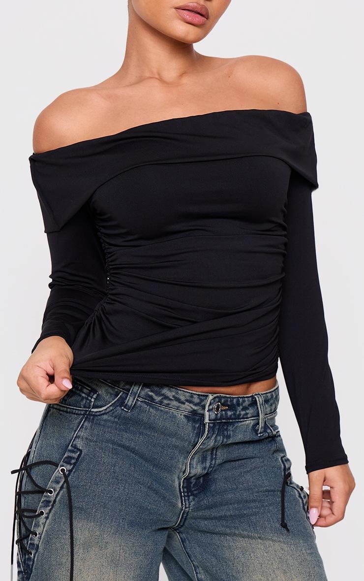 Petite Black Double Slinky Off Shoulder Ruched Top Product Image