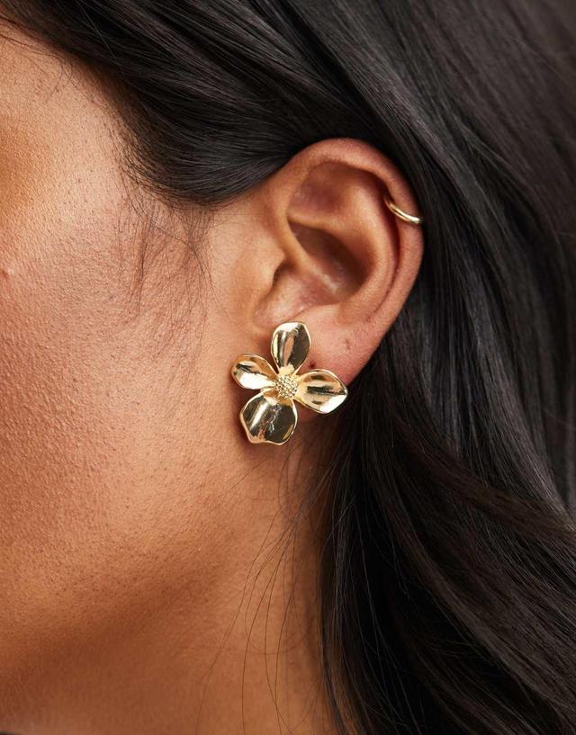 ASOS DESIGN stud earrings with small floral design in gold tone Product Image