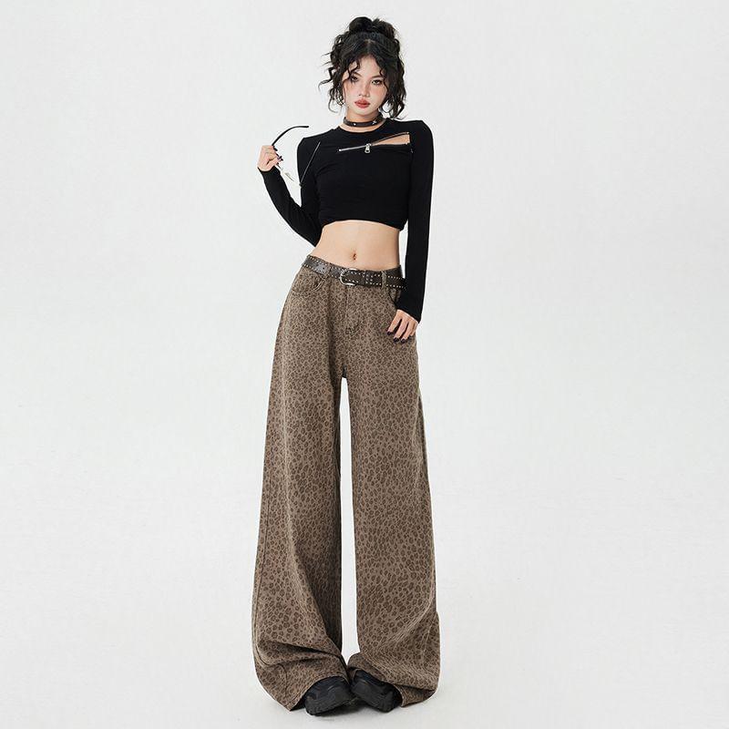 Low Waist Leopard Print Wide Leg Jeans (Various Designs) Product Image