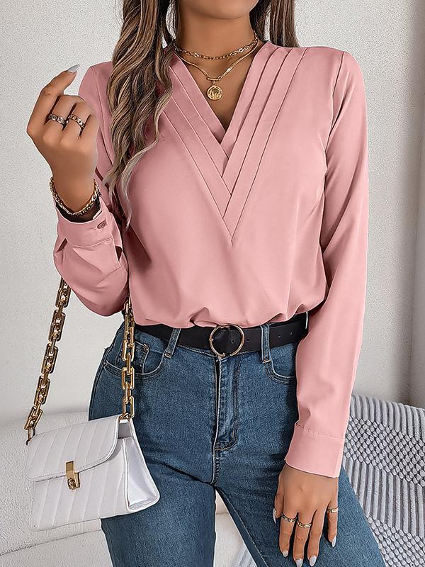 Long Sleeves Loose Pleated Solid Color Split-Joint V-Neck T-Shirts Tops Product Image