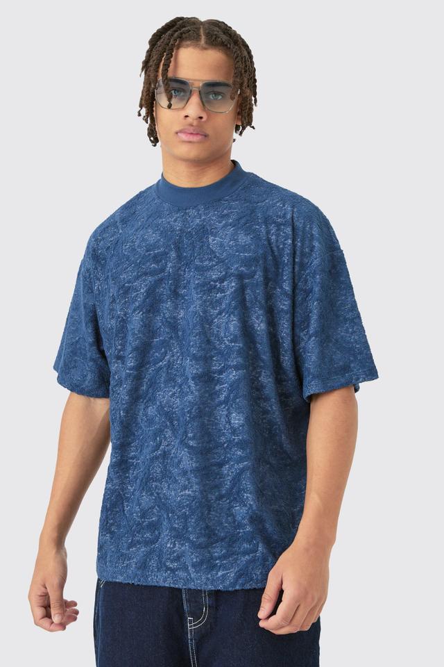 Mens Navy Oversized Burnout Towelling Jacquard T-shirt, Navy Product Image