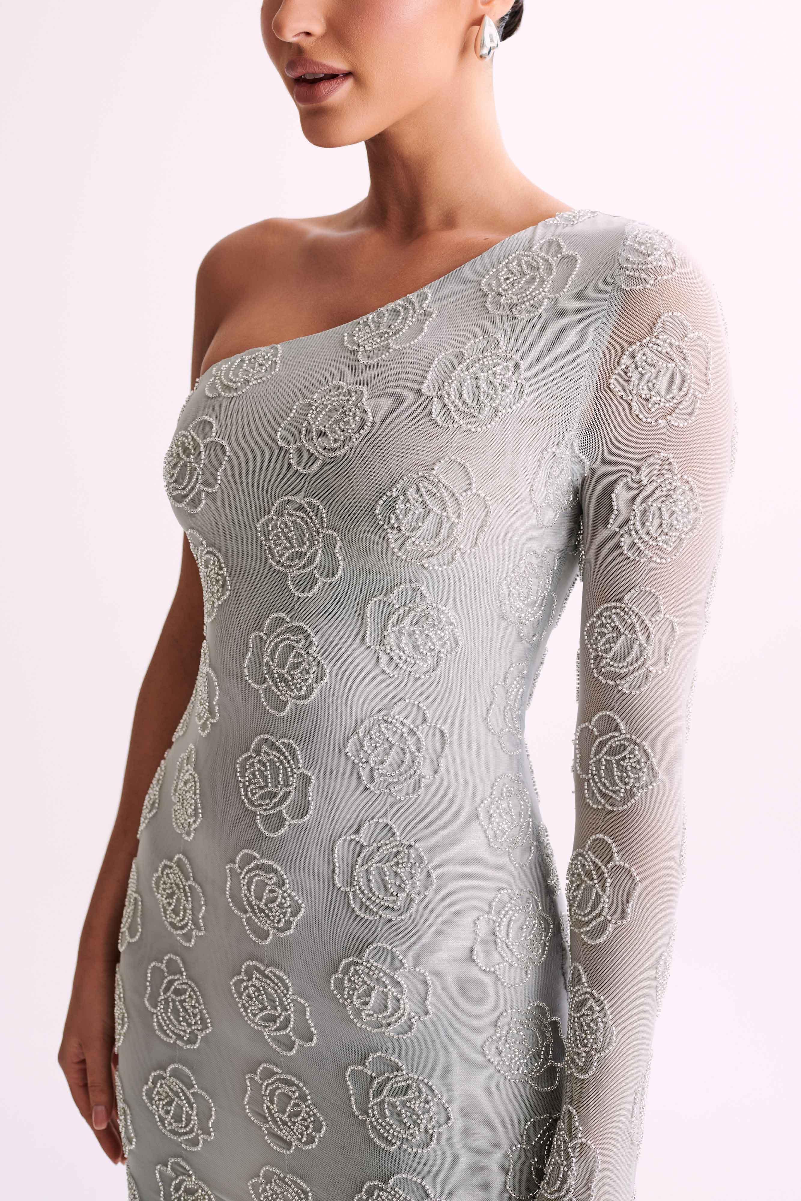 Tinsley Rose Beaded One Shoulder Micro Mini Dress - Silver Product Image