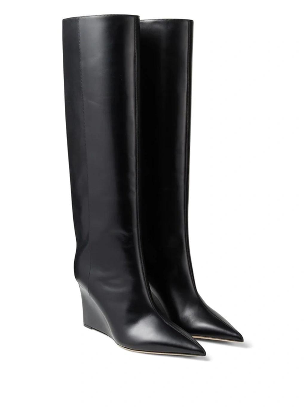 110 Knee-high Wedge Leather Boots In Black Product Image