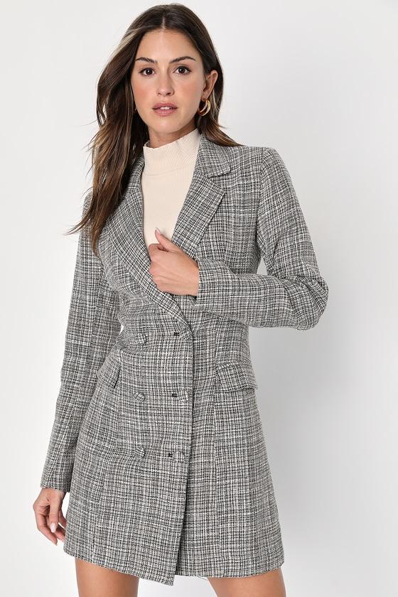 Deluxe Desire Grey Tweed Long Sleeve Blazer Mini Dress Product Image