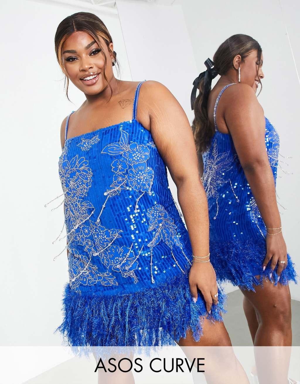 ASOS EDITION Curve floral sequin and bead mini dress with faux feather hem in bright blue Product Image