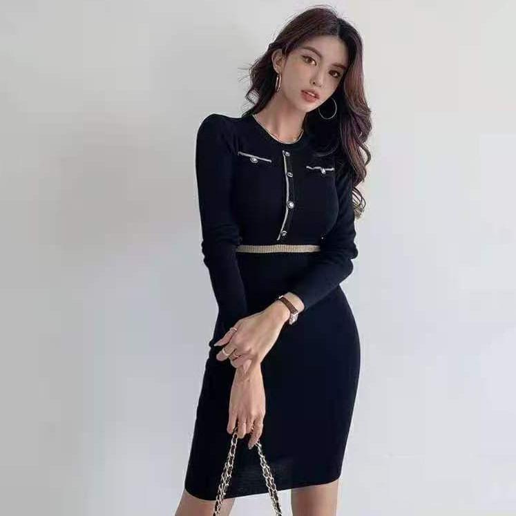 Long Sleeve Round Neck Plain Contrast Trim Button Mini Bodycon Dress Product Image