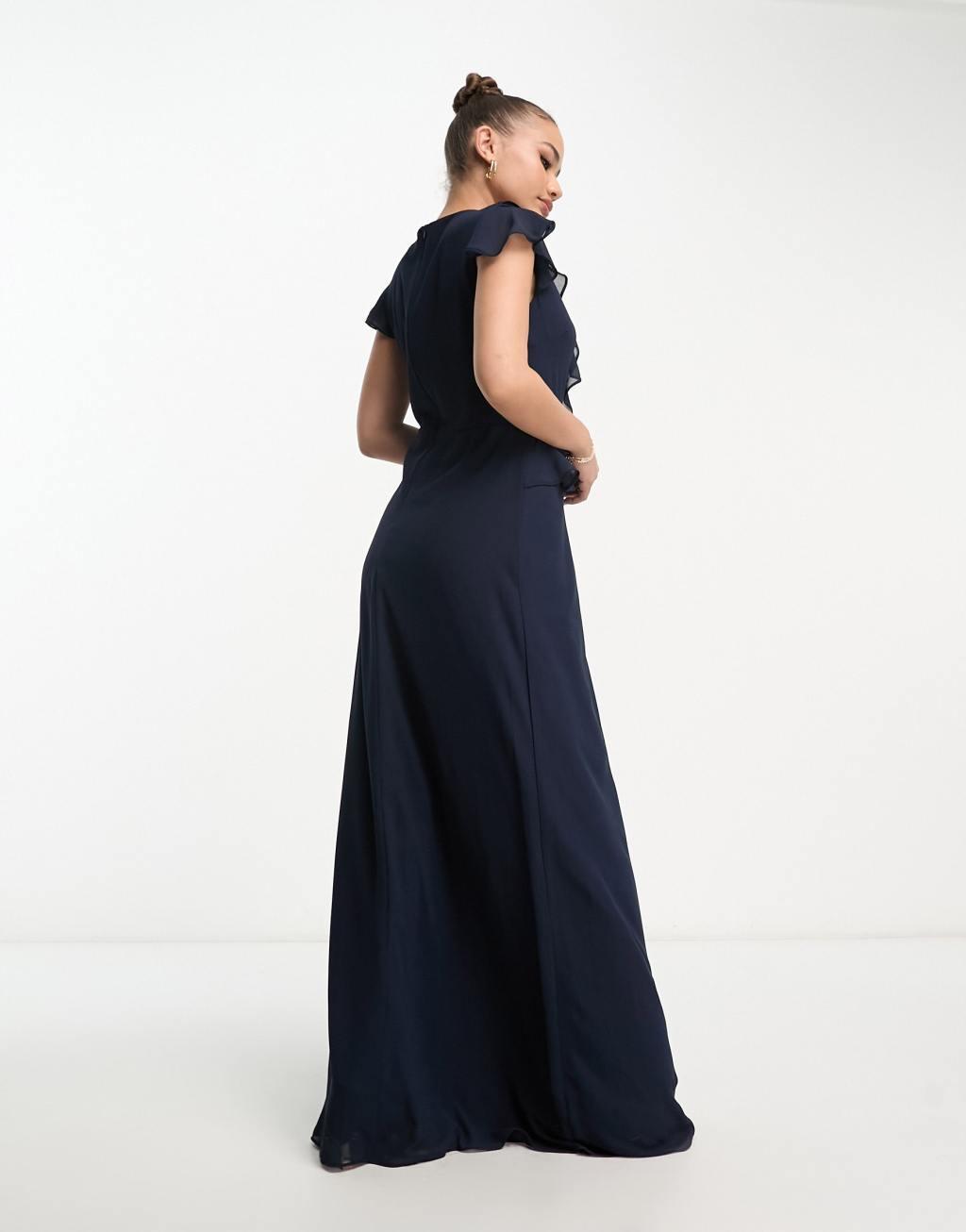 TFNC Bridesmaid chiffon maxi dress with frill detail in navy Product Image