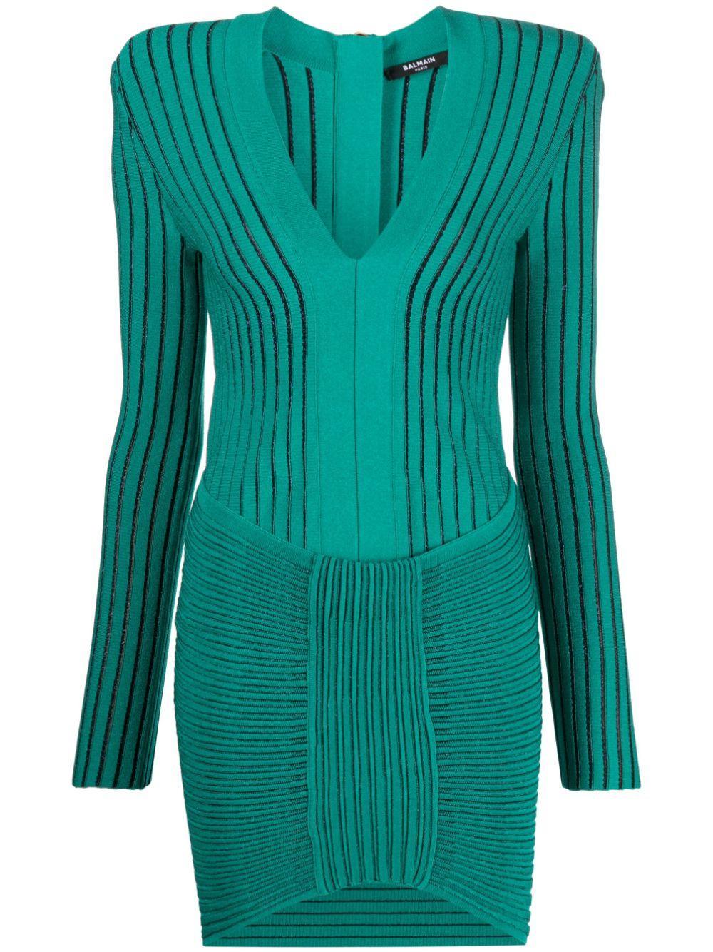 Metallic Ribbed-knit Mini Dress In Green Product Image