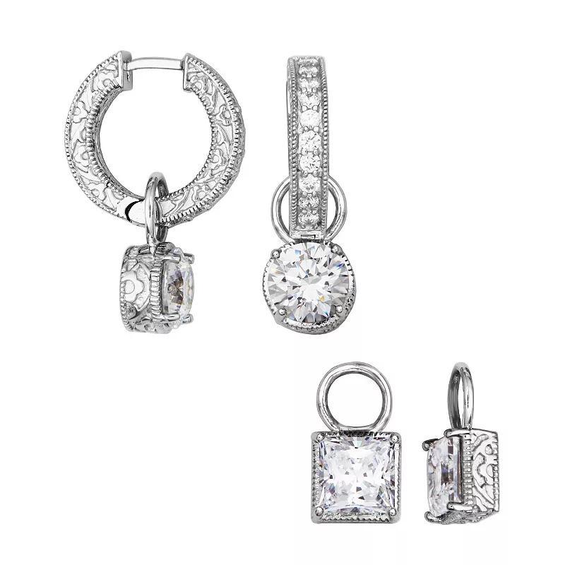 Rhodium Plated Sterling Silver Cubic Zirconia Hanging Charm Hinged Hoop Earrings, Womens Product Image