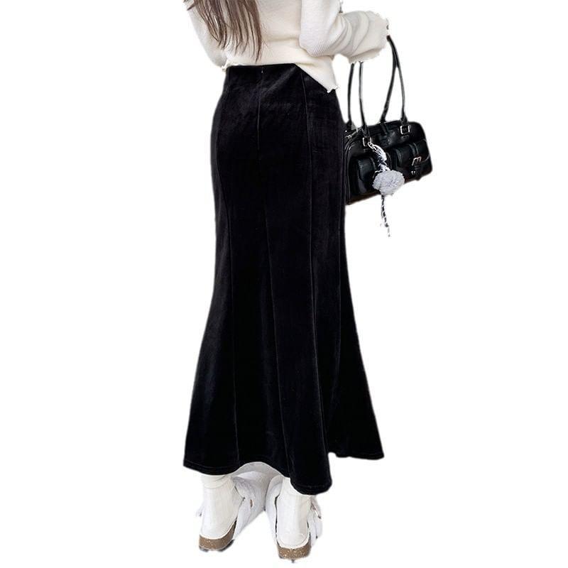 High Waist Plain Velvet Midi Fishtail Skirt Product Image