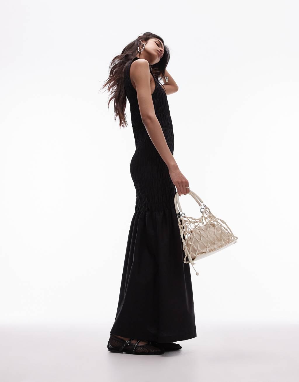 Topshop shirred maxi dress with contrast top stitch in black Product Image