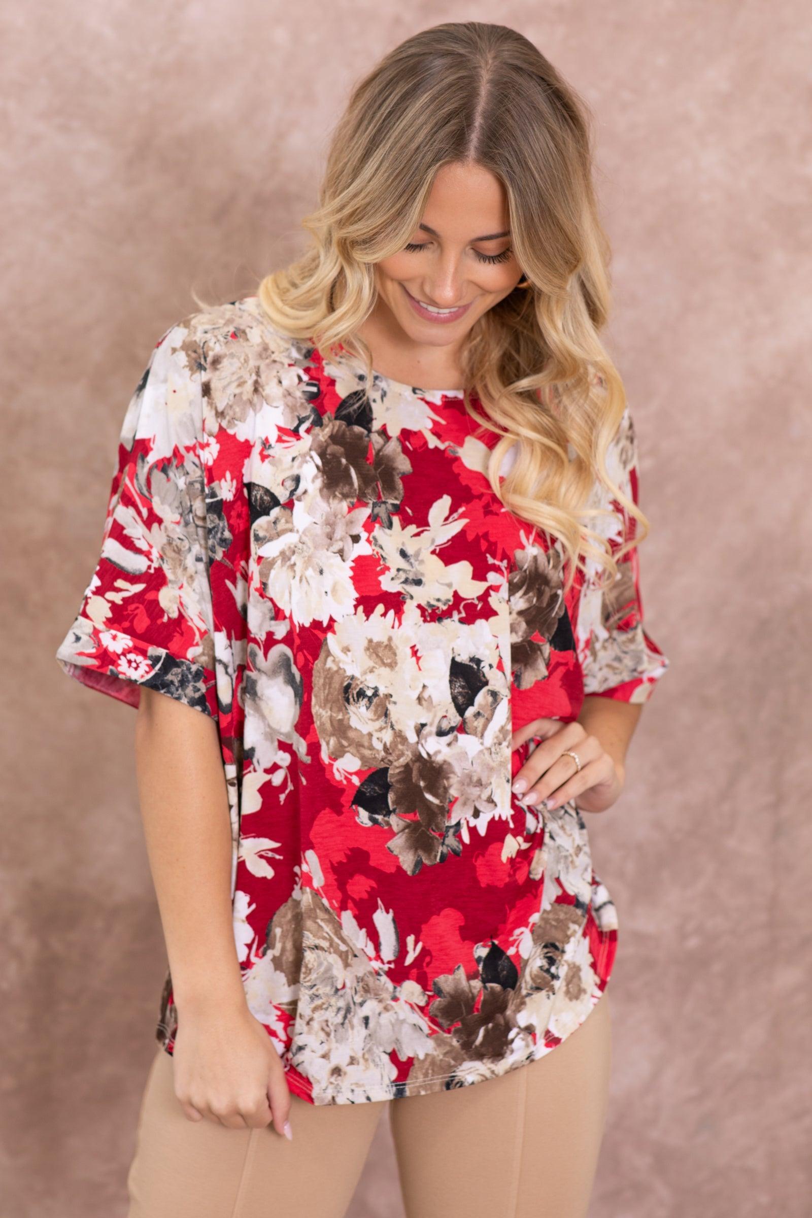 Crimson Floral Dolman Wrinkle Free Top Product Image