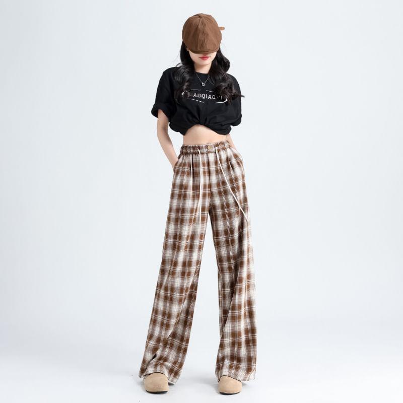 Drawstring Waist Plaid Wide Leg Pants Product Image