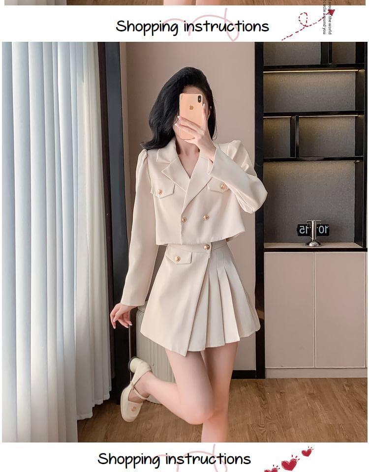 Set: Notch Lapel Plain Double Breasted Blazer + High Rise Pleated Mini A-Line Skirt Product Image