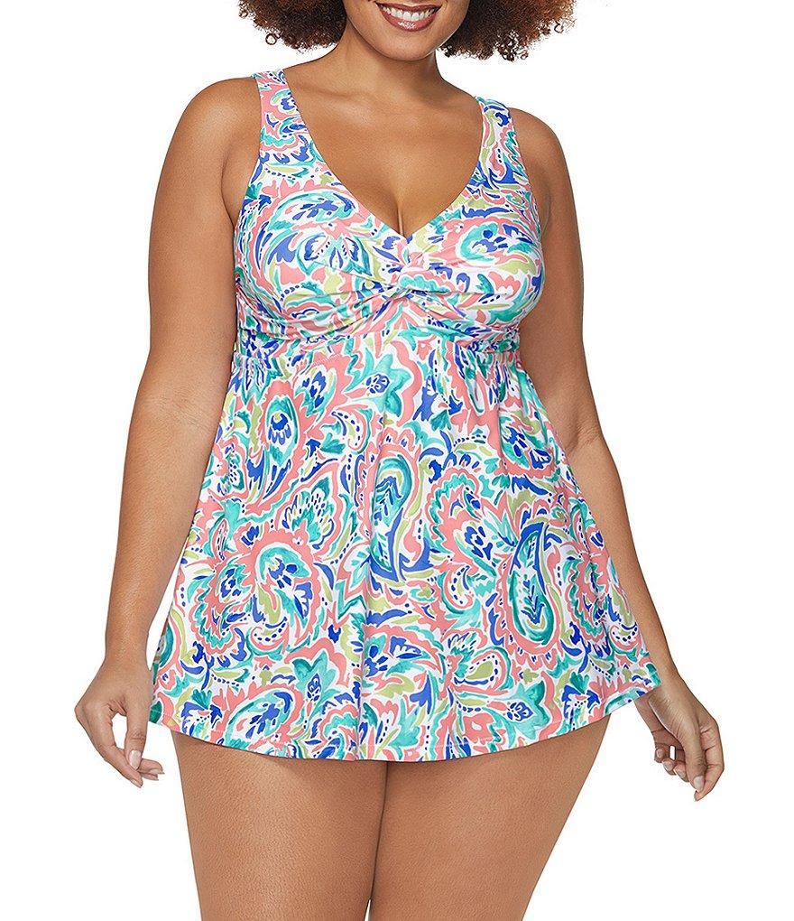 Raisins Curve Plus Size La Feria Lucia Paisley Print V-Neck Front Twist Tummy Thinner One Piece Swim Dress Product Image